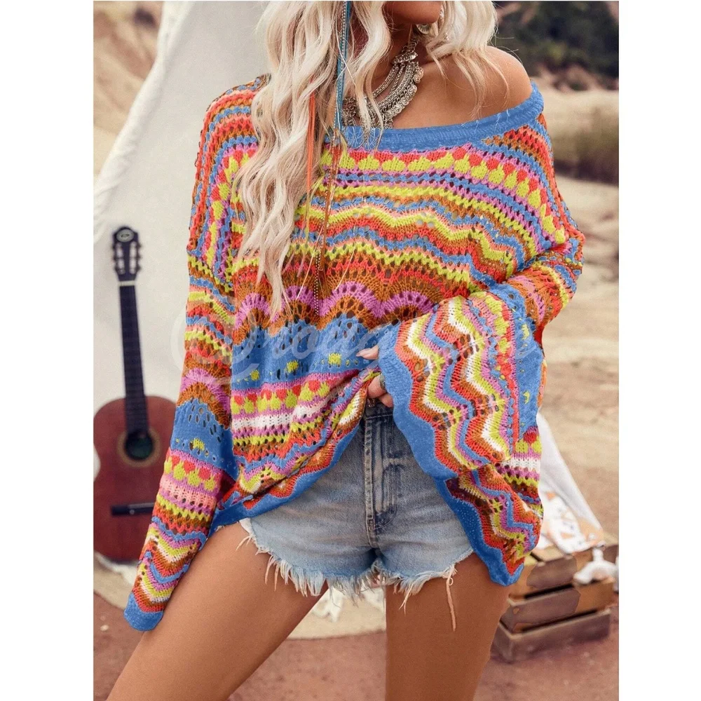 Bohemian Bell Sleeve Sweater Loose Fit Multicolor Knit Eyelet - Picture 4 of 8